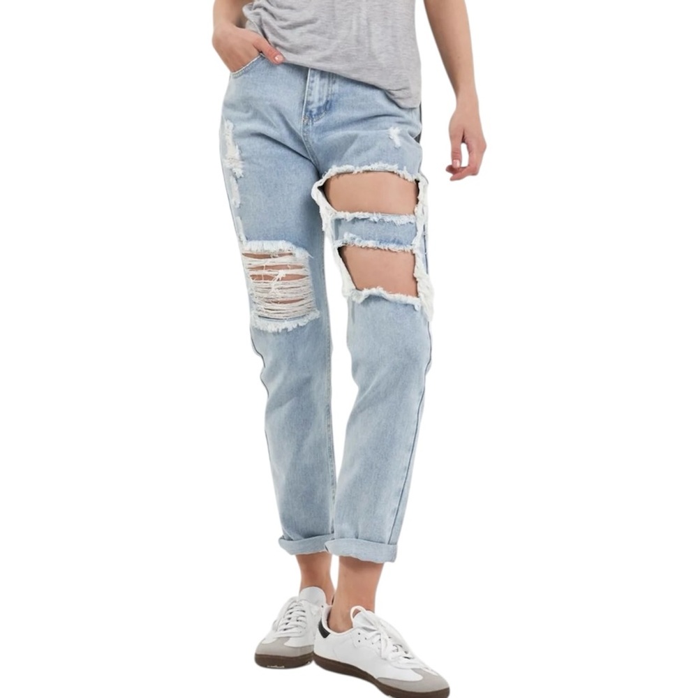 NWT Grey Lab High Rise Cut Out Ripped Straight Leg Jeans Sz 25 Light Distressed